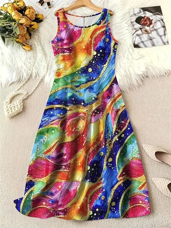 Summer Fashion Round-Neck Women's Dresses Botanical Floral Color-Blocked Patchwork Dresses Travel Party and Beach Dresses — image 8