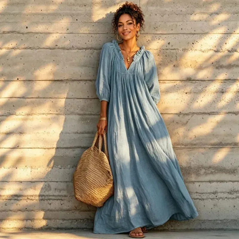 Women Boho Dresses V Neck Lantern Sleeve Maxi Dress Vacation Loose Beach Cover Up Dress Spring Summer Overall Jumpsuit Playsuit — image 1
