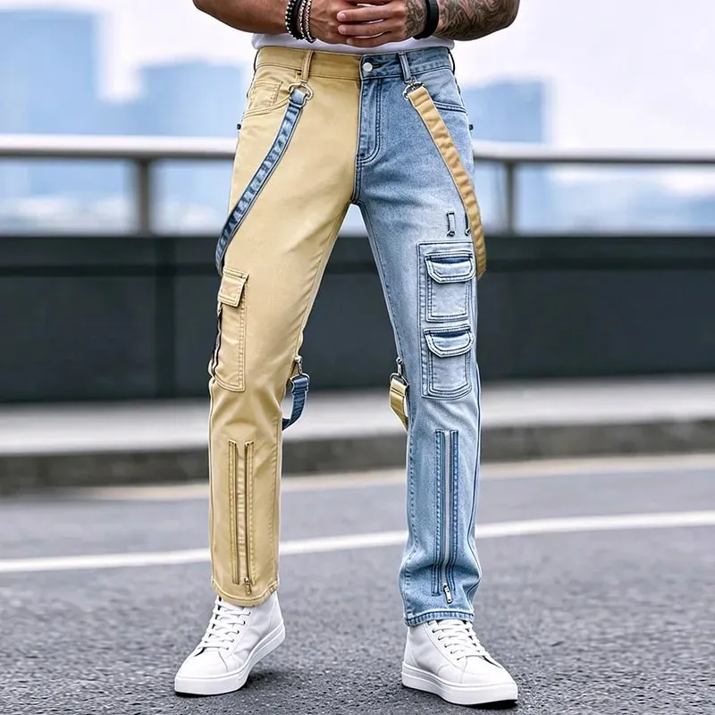 Y2K Jeans for Men Techwear Retro Cargo Pants Flared Bootcut Jeans Contrast Color Splicing Strap Streetwear Denim Trousers