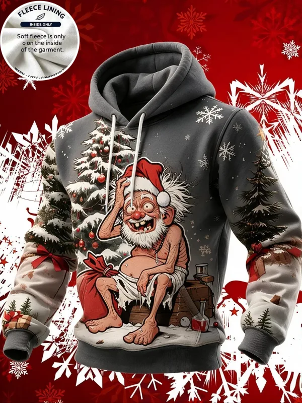 3D Print Christmas Fleece Hoodie Vintage Santa Pointing Figure Pullover Long Sleeve Kangaroo Pocket Xmas Holiday Sweatshirt