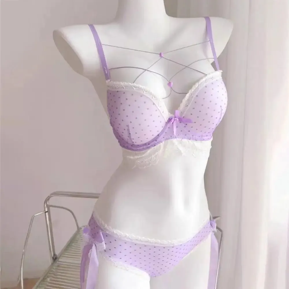 Comfortable Dots Lace Bra Set Love Heart Bowknots Bra Panties Set Lace-up Intimates Push Up Bra Women Romantic Evenings — image 4