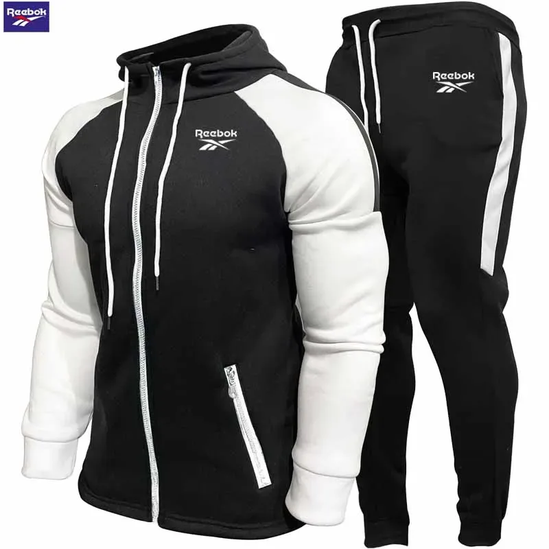 Reebok Men's Fleece Hooded Sweatshirt Set - Long Sleeve Zippered Hooded Sweatshirt - Fashion Striped Loose Jacket - Suitable for — image 1