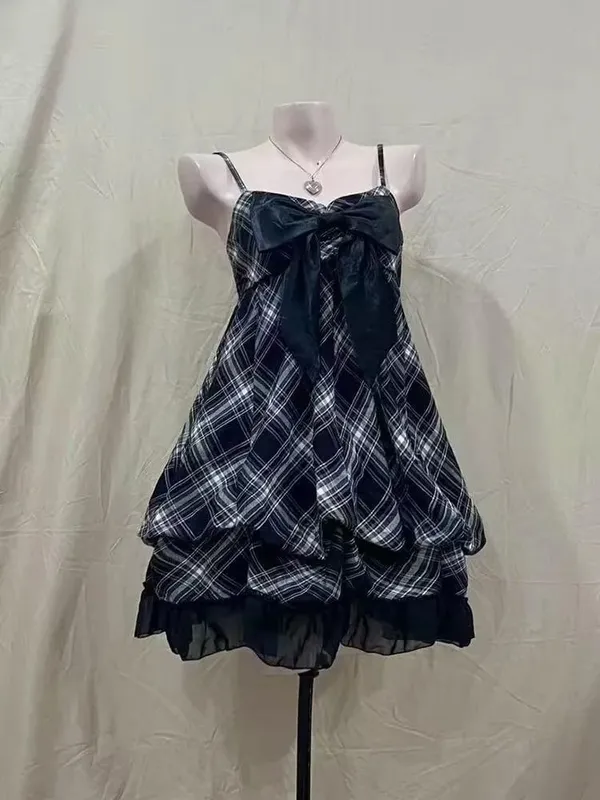 2025 Japanse Vintage Stijl Band Jurk Vrouwen Koreaanse Mode Zwart Kant Cami Jurken Zomer Zoete Patchwork Nieuwe Een Stuk Jurk