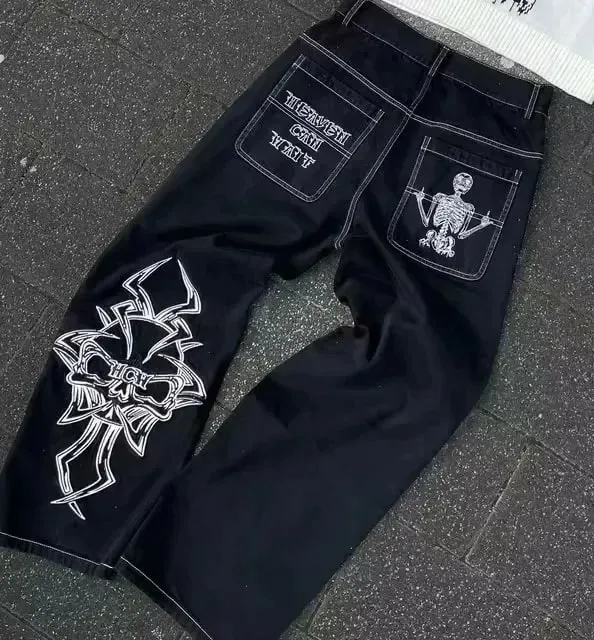 Y2K Black Oversized Cargo Jeans Men Heavy Strap Buckle Stud Zip Pocket Distressed Detail Streetwear Casual Wide Leg Fashion Pant