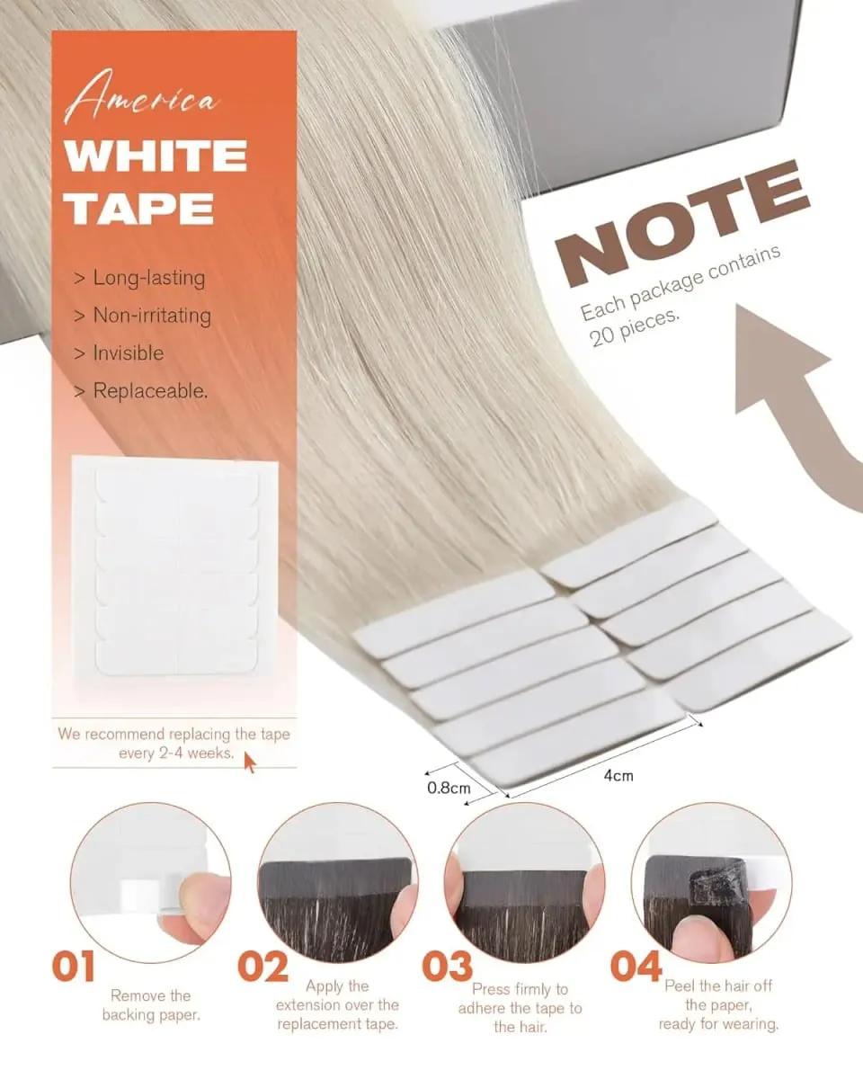 VeSunny Tape i hårförlängningar Riktigt människohår Osynligt Remy Hair Extensions Tape Ins för kvinnor Vit Platina Blond 26 Inch — image 4