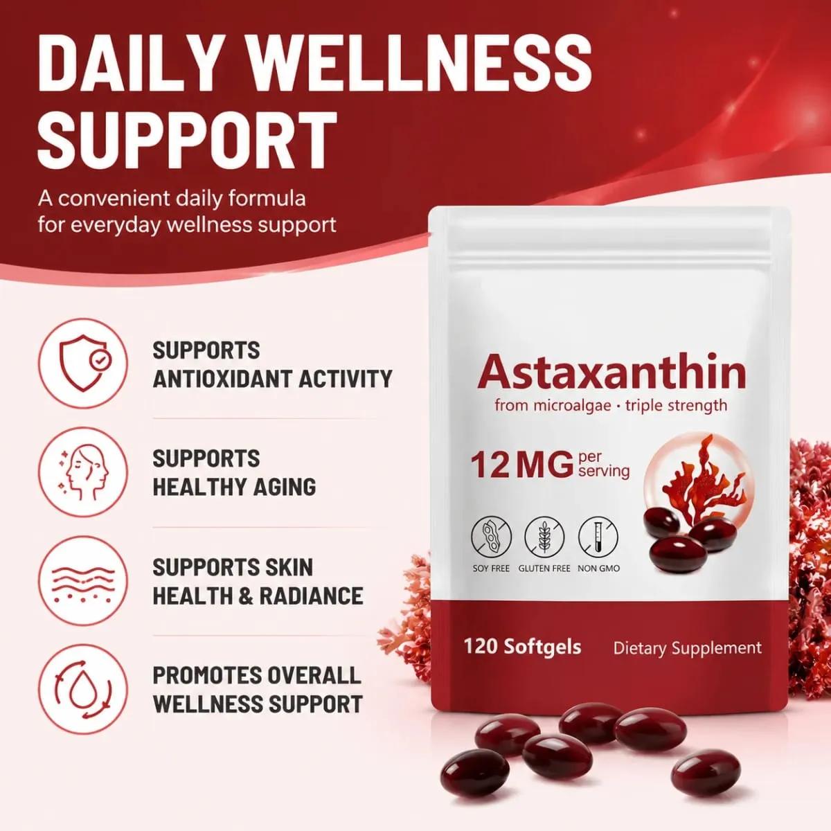 Cilt Sağlığı ve Sağlıklı Yaşlanma için Antioksidan Destekli Mikroalglerden Astaksantin Takviyesi 12mg Softgeller 120 Sayısı — image 2