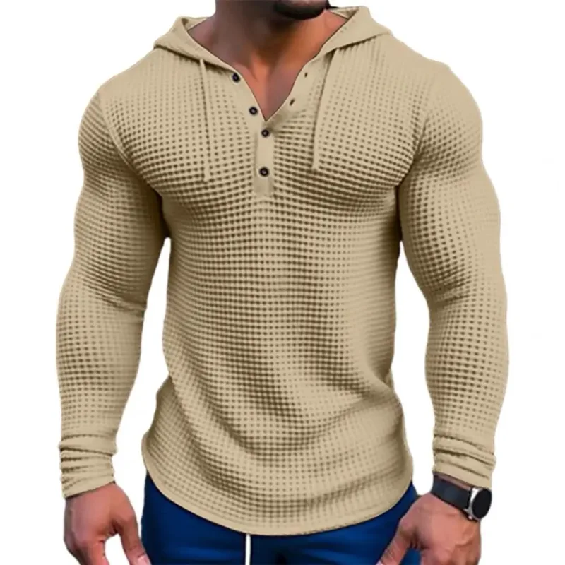Warna Pepejal Musim Bunga Slim Fit Lengan Panjang T-shirt Lelaki Bertudung Bernafas Sukan Atasan Wafel Kapas Baju Lengan Panjang Kasual — image 9