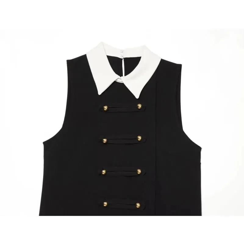 Women's Sleeveless Dress with Contrast Collar New 2026 Autumn Sleeveless Frog Fastening Women's Short Dress Female Mini Dresses — image 4