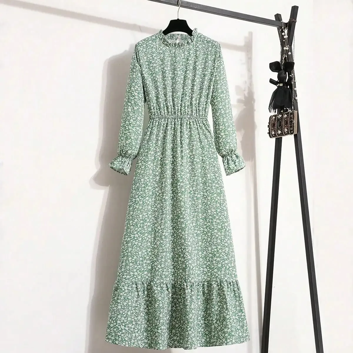 Women's Loose Midi Dress 2026 Casual 100% Polyester Ditsy Floral Print Long Sleeve with Ruffle Neck Elastic Waist & Ruffle Hem — image 4