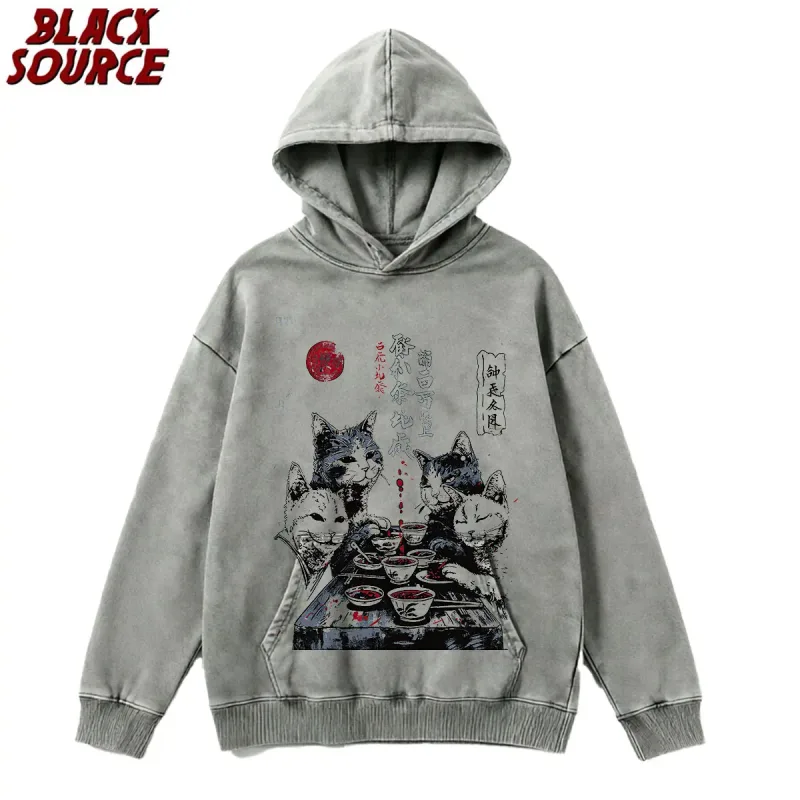 P0822 Cat Cartoon Graphic Men's Hoodie, Japanese Style Oversized Pullover Sweatshirt, Casual Baggy Fit Streetwear