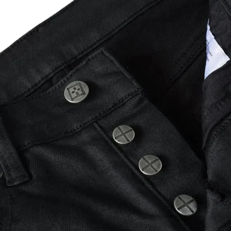 Men's High Street Black Coated Denim Jeans Washed Skinny Fit Embroidered Letter Motif Button Fly Versatile Year‑Round Outfit — image 3