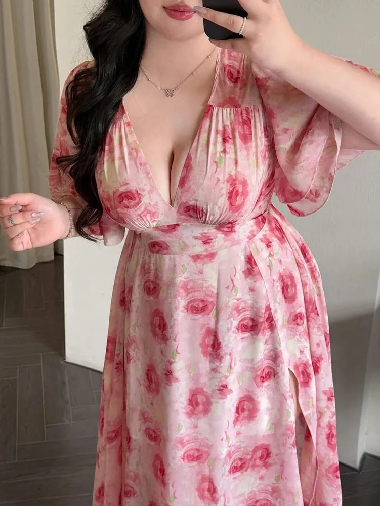 Plus-Size Spring/Summer Romantic Print Fitted Ruffled-Sleeve Slit Maxi Dress—Sweet Everyday Style Perfect for Dates — image 2