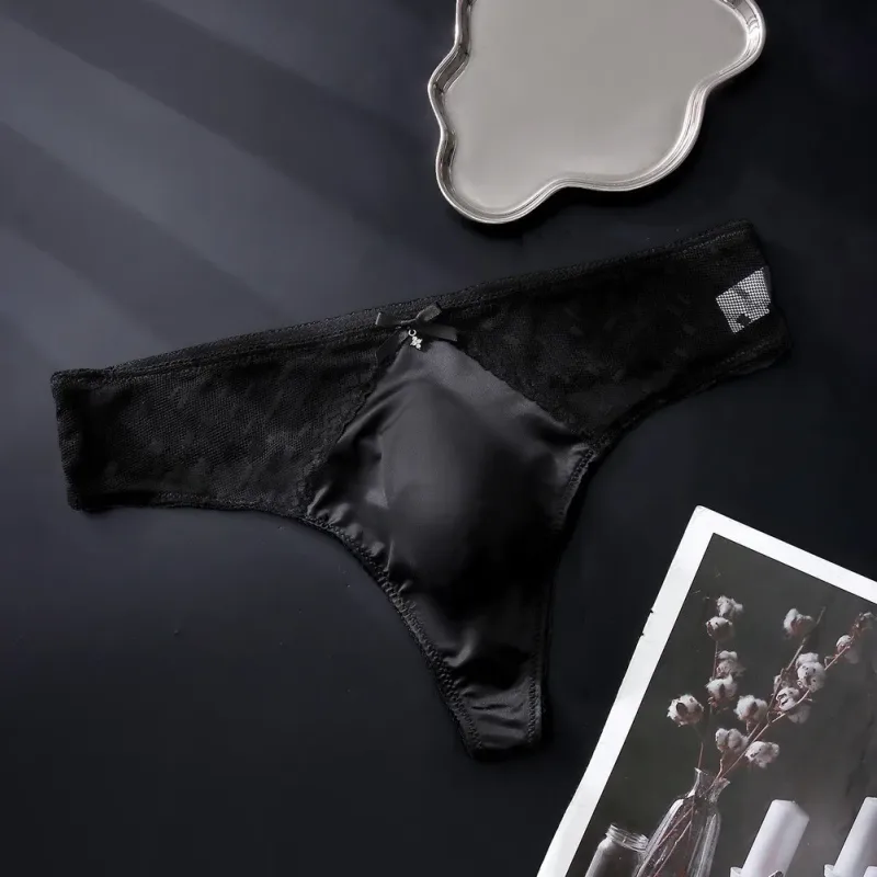 Men's Thong Underwear Made of 81.7% Polyester 18.3% Spandex Ice Silk Blend with Lace Trim and 3D Bulge Pouch Solid G String — image 16