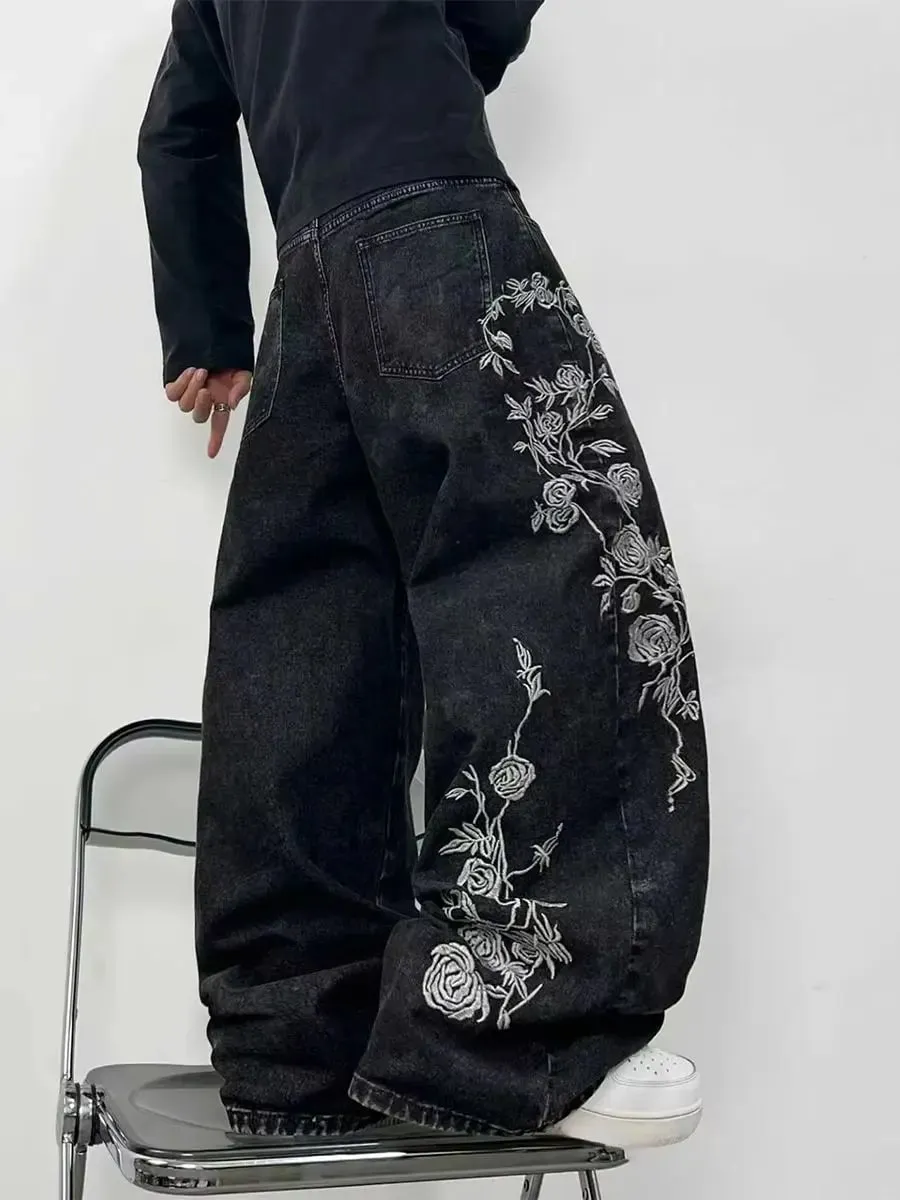 Men's Vintage Rose Embroidery Design Black Baggy Jeans Men Y2K Streetwear Skate Style Fashionable Versatile Wide-Leg Pants