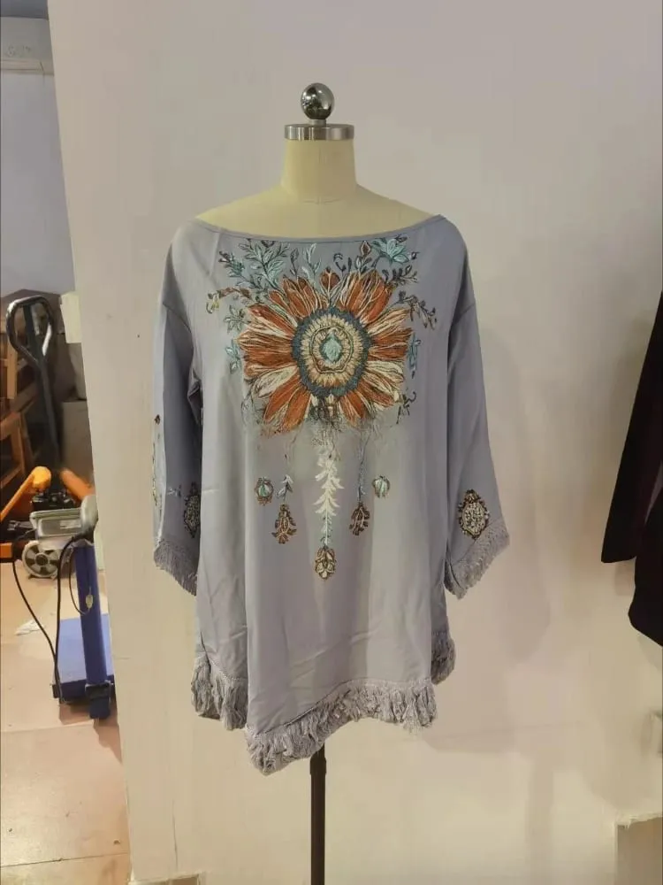 2026 New Retro Boho Fringe Tassel Short Dress Women Off Shoulder Flare Sleeve Tribal Embroidery Western Vacation Beach Sundress — image 3