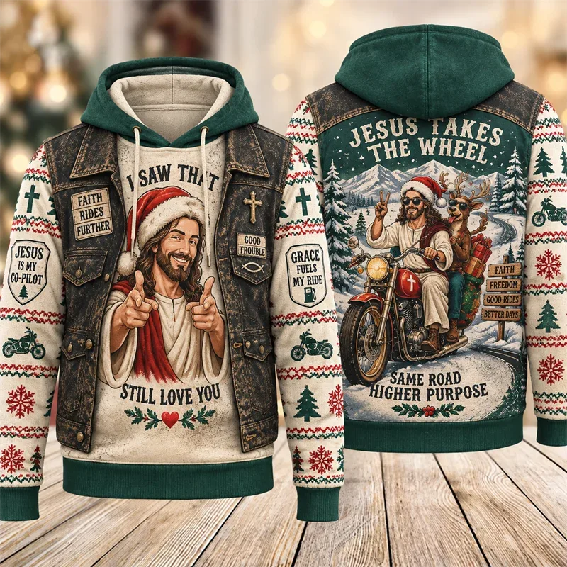 Funny Jesus Christmas Biker Hoodie 3D Graphic Motorcycle Rider Vintage Holiday Pullover Winter Streetwear Party Casual Gift — image 3