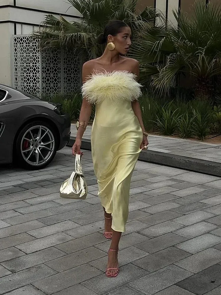 Gaun Maxi Pinggiran Satin Kuning Wanita Elegan Tanpa Tali Pinggang Tanpa Lengan Gaun Panjang Dibungkus 2025 Jubah Wanita Percutian Musim Panas Baru — image 3