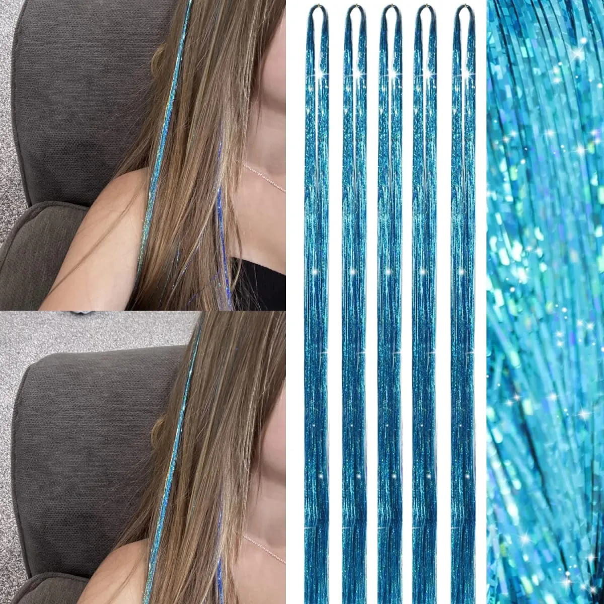 Hair Tinsel 5 Packs 40 Inch Tinsel Hair Extensions Gold Heat Resistant Glitter Sparkling Shinny Fairy Hair Synthetic