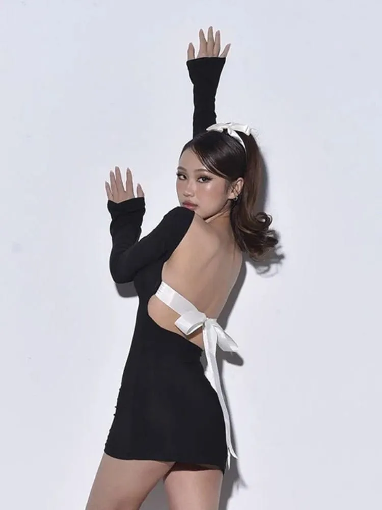 Backless Sexy Bodycon Dress Para sa mga Babae Club Outfits Tie Bow Vestidos De Mujer Long Sleeve Streetwear Black One Piece Y2k na Damit — image 3