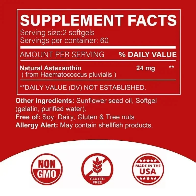 Astaxantina 24 Mg - Promove a saúde cardiovascular Acelera o metabolismo Mantém a saúde das articulações dos olhos e da pele Antioxidante