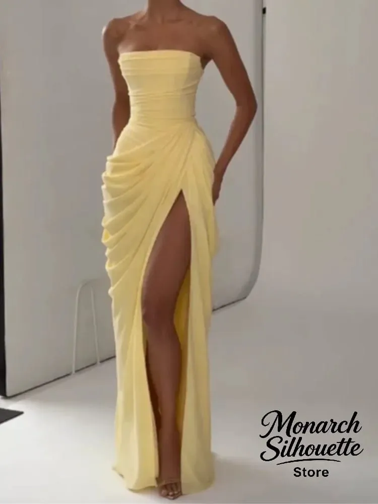Elegant สีเหลือง Strapless จีบยาวชุดผู้หญิงเก๋แขนกุดเอว Cinching แยกชุด 2026 Lady Evening Party Robes — image 7