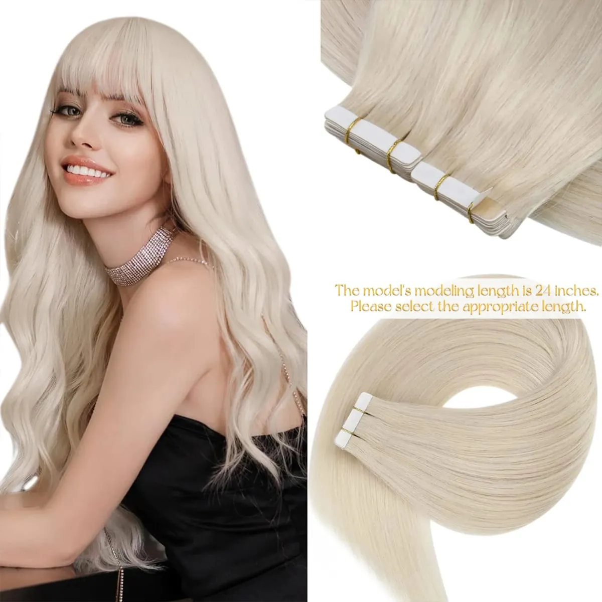 VeSunny Tape i hårförlängningar Riktigt människohår Osynligt Remy Hair Extensions Tape Ins för kvinnor Vit Platina Blond 26 Inch