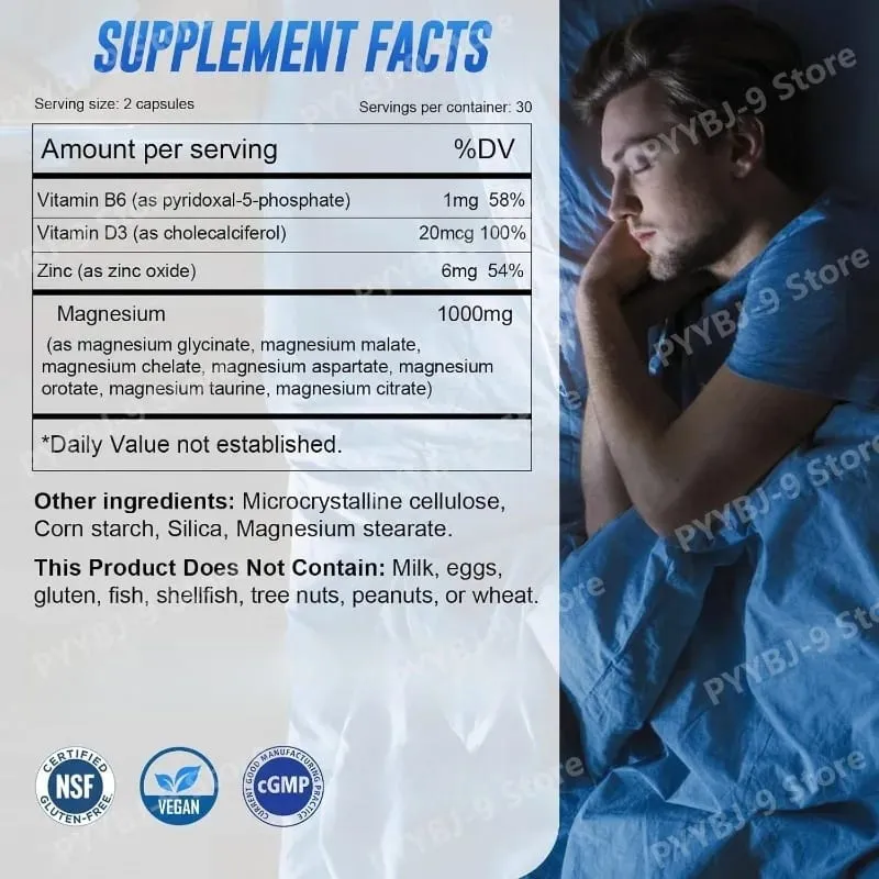 Magnesium 7 Complex Supplement with Glycinate Citrate Malate Chelate Zinc Vitamin D3 B6 for Sleep Muscle Relief 60 Capsules — image 2