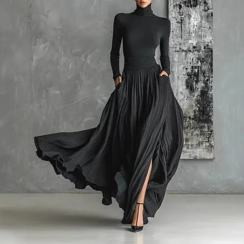 Francie Elegantní dvoudílná sukně pro dámské kapsy Pevný minimalistický dělený lem plisovaný A Line Vintage slim obleky s rolákem