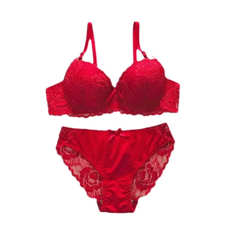 Women Elegant Floral Lace Bra And Panty Set Push‑Up Underwire Brassiere Bow Decor Ladies Lingerie Set