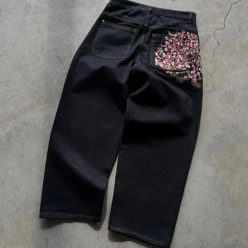 Y2K Baggy Jeans Cherry Blossom výšivka Džínové kalhoty Muži Ženy American Hiphop Streetwear Široká noha džínové kalhoty — image 8