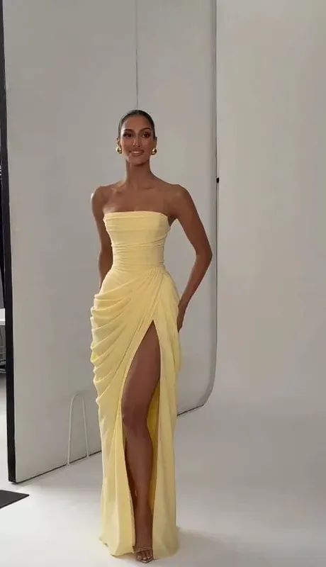 Abito da donna a vita alta senza schienale con taglio basso giallo Abito senza maniche con lacci in vita Cincher con cinturino per spaghetti Abiti da festa per donna — image 9