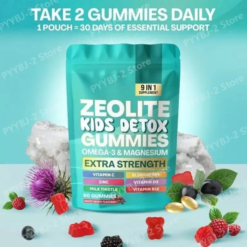 Zeolit ​​Gummies 60 Count obsahuje multivitamin Omega-3 hořčík a bezinky podporují detoxikaci a zdraví imunitního systému