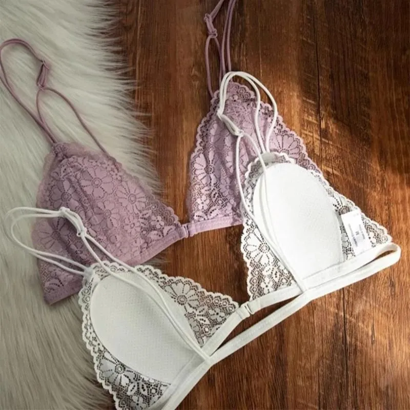 Reggiseno a triangolo sottile in pizzo sexy stile francese con bottone frontale Intimo senza fili da donna senza anello in acciaio Bellissimo reggiseno sulla schiena