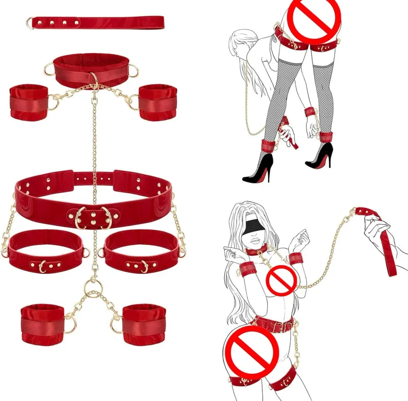 Perhambaan Seks Kit BDSM Sekatan Leher ke Pergelangan Tangan SM Borgol Boleh Laras Pergelangan Kaki Peha Cuff Cross Pinggang Tali Traksi Kolar Rantai
