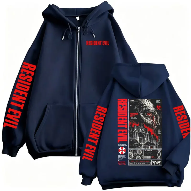 Vintage Resident Evil T-Virus Horror Gaming Zip Up Hoodies Men Women Harajuku Gothic Fashion Jacket Sweatshirts Coats Streetwear — image 4
