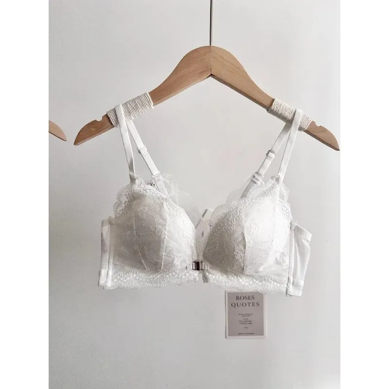 Women Small Bust Lace Bra Set Front Closure Wireless Beautiful Back Push‑Up Brassiere Soft Daily Lingerie Underwear Size 32‑38AB
