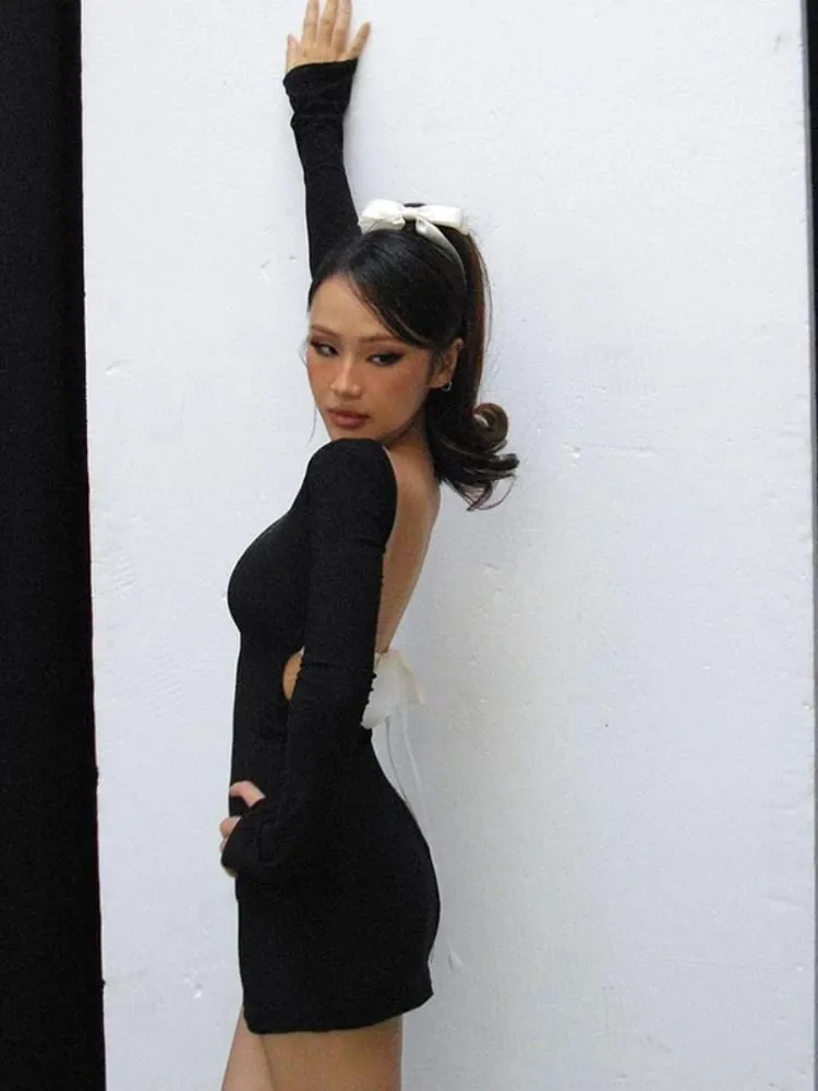 Backless Sexy Bodycon Dress Para sa mga Babae Club Outfits Tie Bow Vestidos De Mujer Long Sleeve Streetwear Black One Piece Y2k na Damit — image 4
