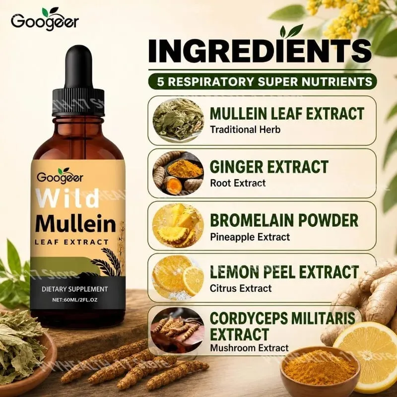 Googeer Wild Mullein Leaf Extract Liquid Respiratory Support Ginger Lemon Peel Extract Bromelain and Cordyceps Extract 60 ML — image 2