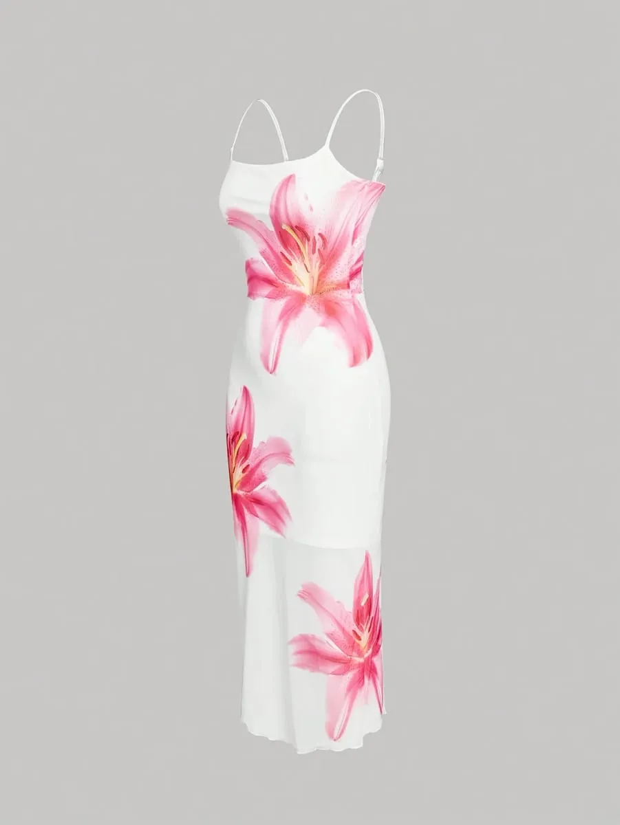 Elegant floral print sundress na istilong resort na damit — image 5