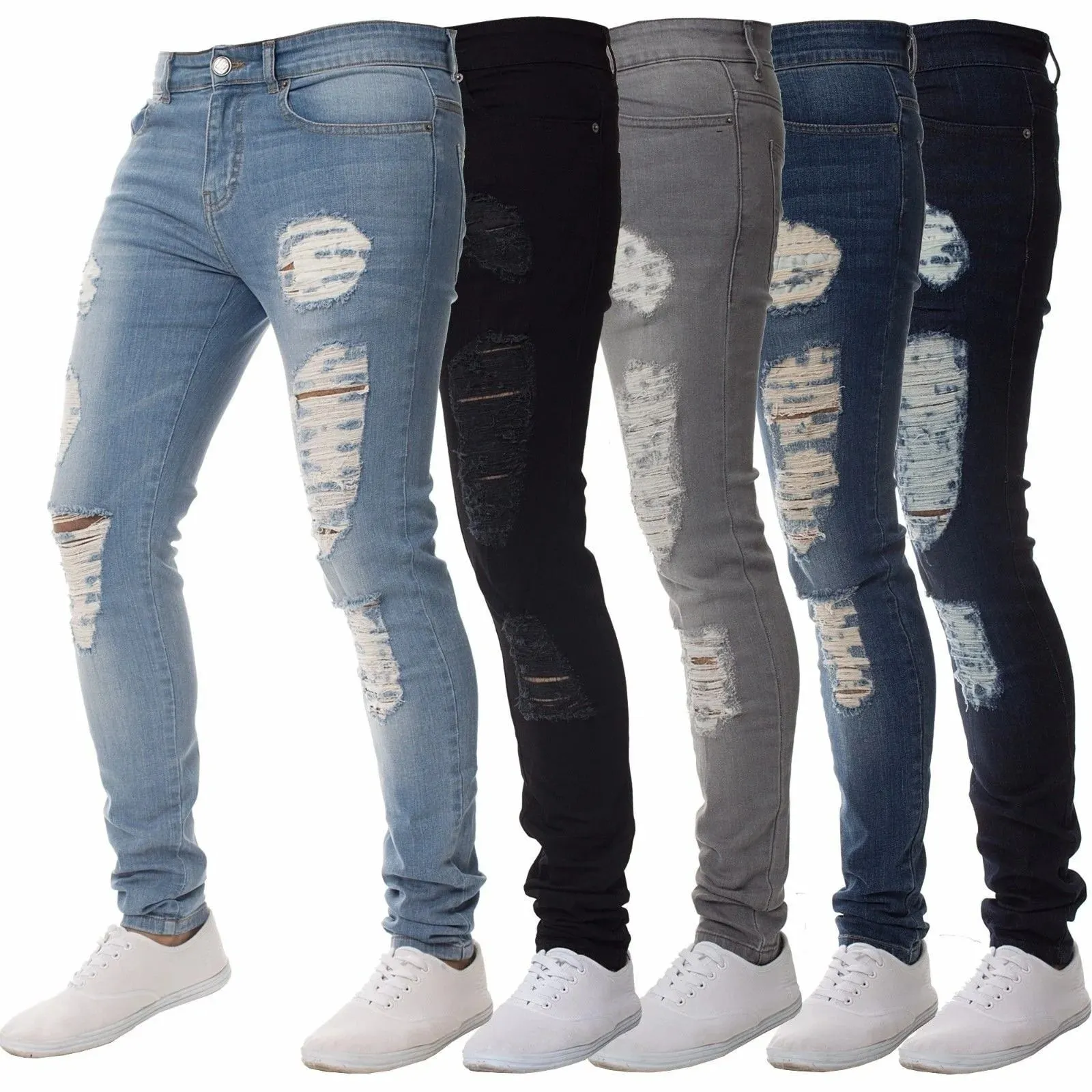 Men High Waist Black Ripped Skinny Jeans Fashion Hole Design Trendy Casual Denim Long Trousers — image 2