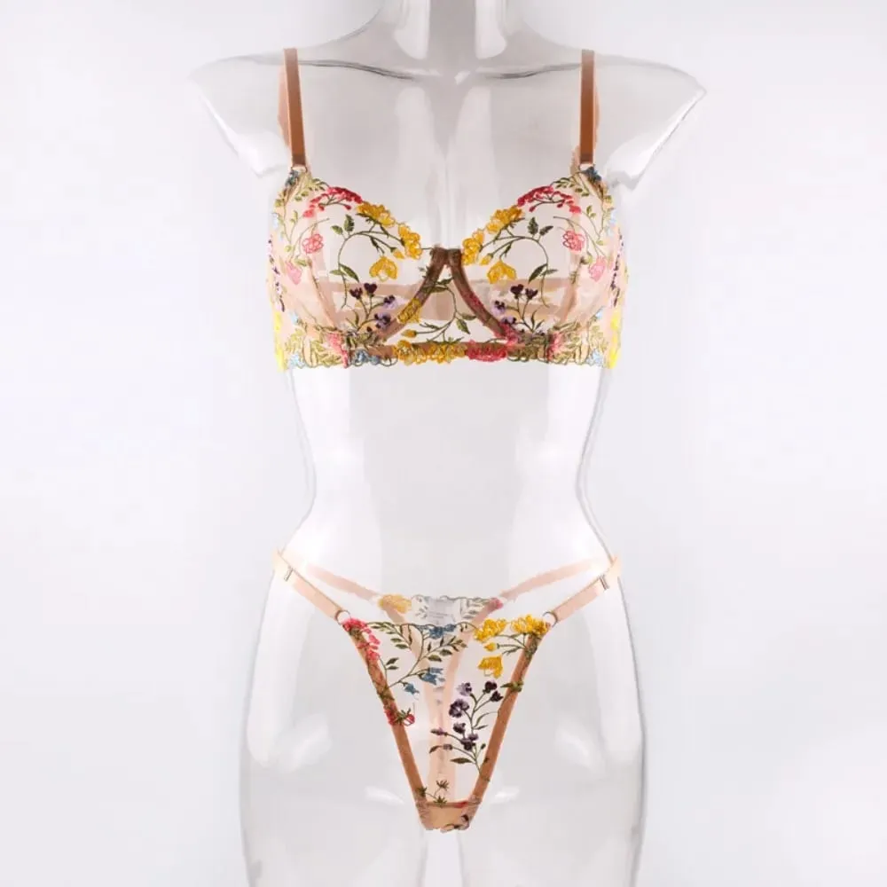 2-Piece Floral Lingerie Set Sheer Versatile Underwear Intimates Embroidery Underwire Push-up Bra Panty Set For Lady Girl — image 2