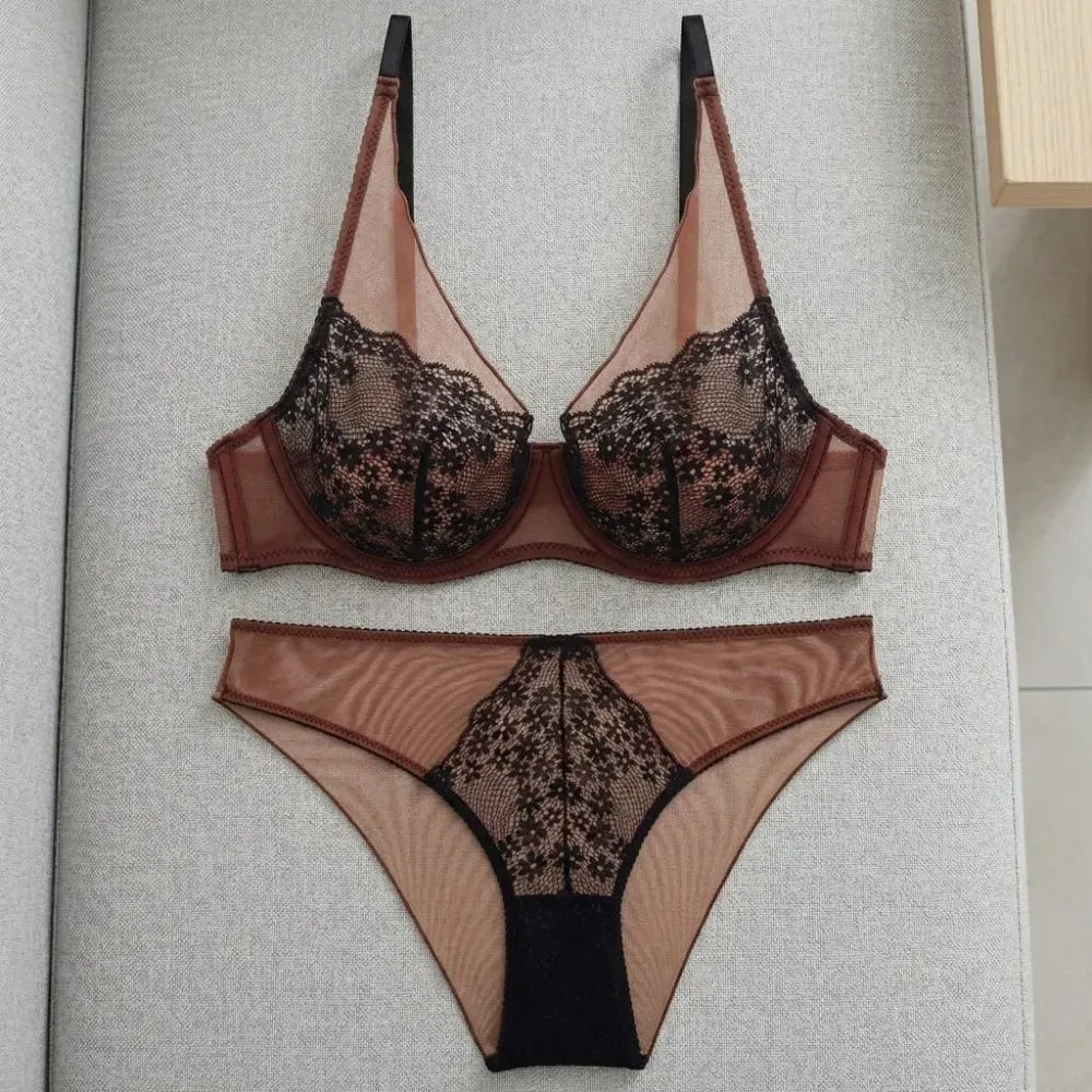 Mesh Lace Flower Bra Set Lingerie Brassiere Push Up Bra Women Thin Underwear Lace Floral Underpants Romantic Evenings — image 4
