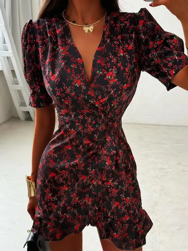 Chic Ruffle Print Slim Short Dress Women Chic Patchwork Flared sleeves V-neck Pleated Dresses 2026 Lady Summer Casual Vestidos