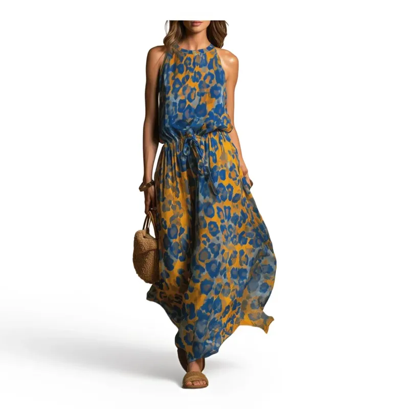 Women's Halter Sleeveless Maxi Dress Leopard Print Waist Tie Detail Loose Fit Long Dress Fashion Casual Ladies Daily Wear