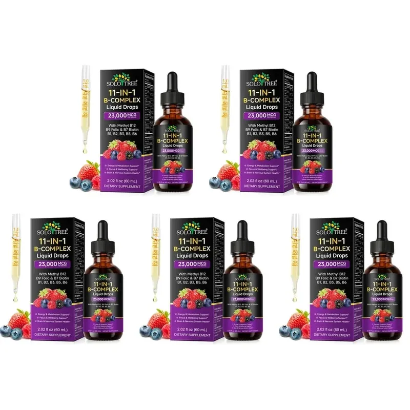 B-Complex Liquid Drops 11 em 1 Metil B12 Folato Biotina para foco energético e fórmula de suporte nervoso cerebral adulto 60ml