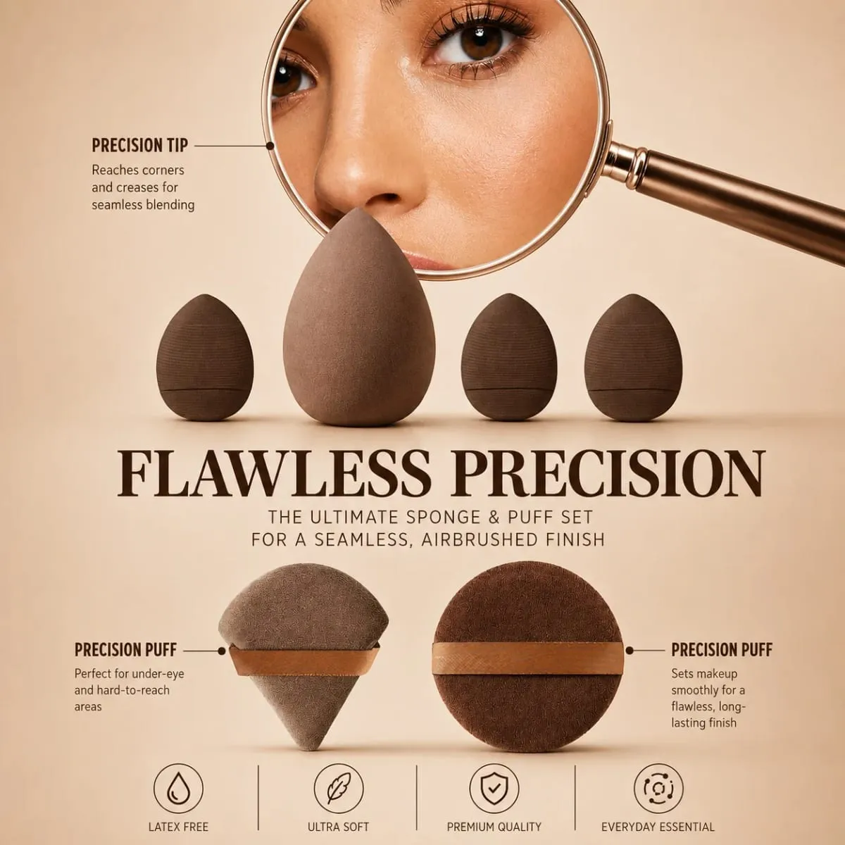 12-teiliges Make-up-Pinsel-Set mit 6 flachen und runden Pinseln und 6 Schwämmen für Foundation, Puder, Rouge und Lidschatten — image 5