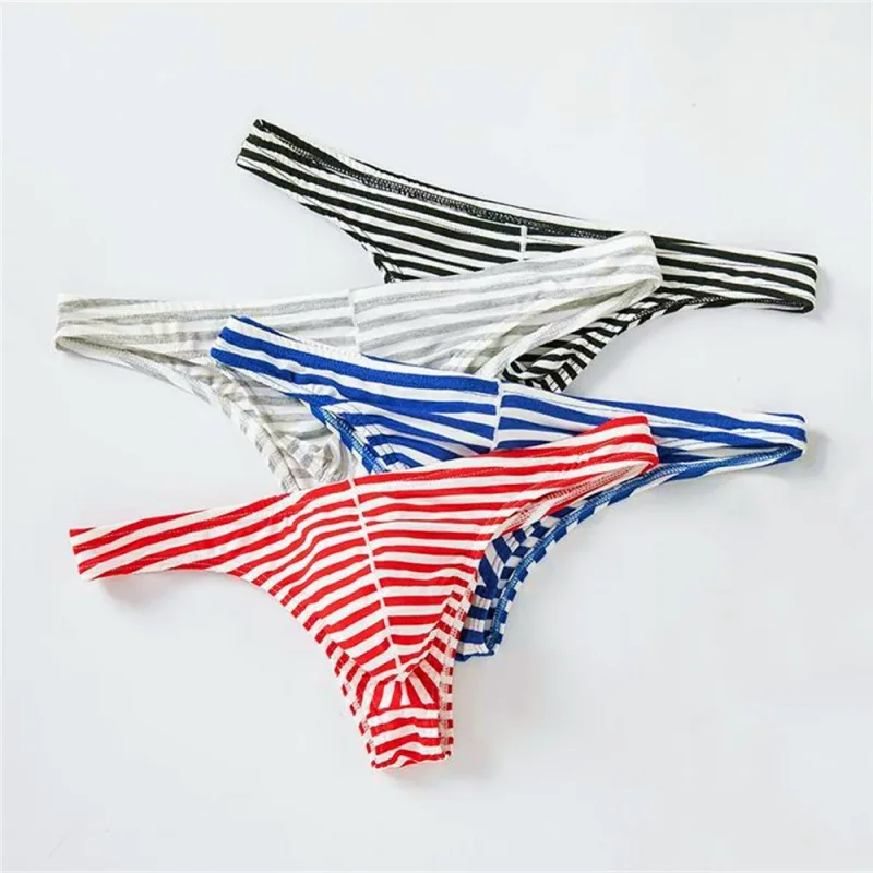 Europe Men's Striped Bikini Briefs Low Waist Sexy U Convex Underwear Male Half Covered Buttocks Tanga Panties Plus Size M-XXXL — image 1