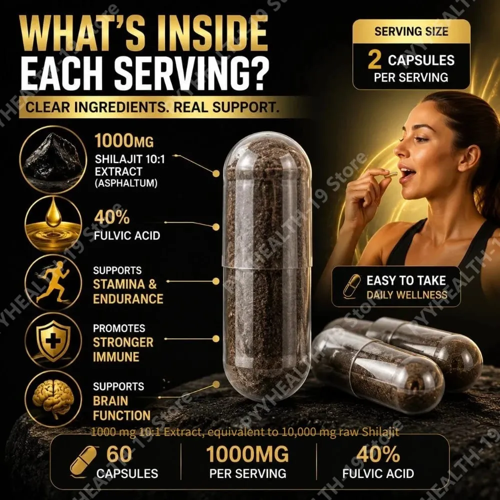 Shilajit Resin Capsules from Himalayas 1000mg 10:1 Extract 40% Fulvic Acid 60 Count Supports Stamina & Endurance Brain Function — image 6
