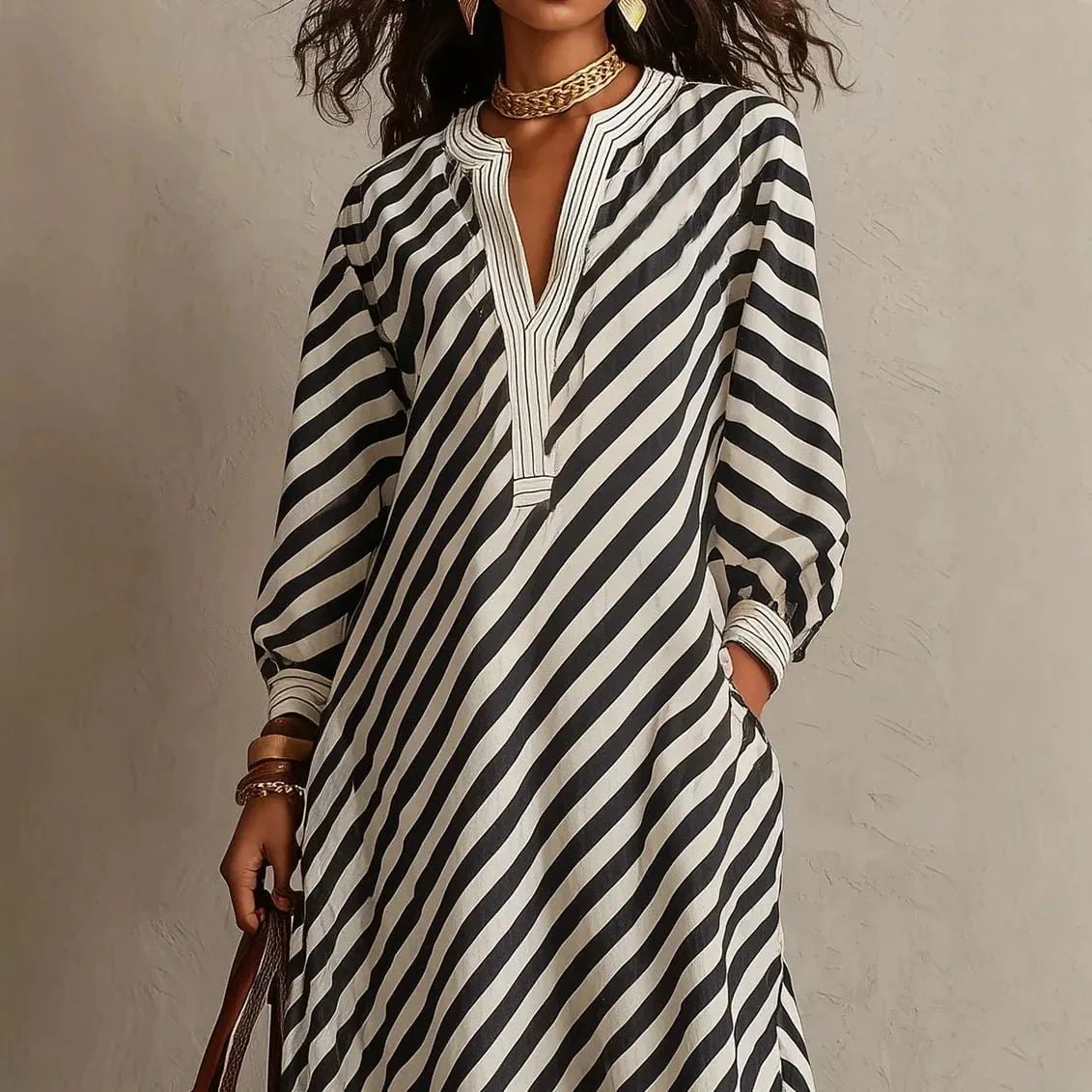 Fashion Stripe Print Maxi Dress 2026 Autumn Winter Women V‑Neck Long Sleeve Loose Casual Long Dresses Holiday Beach Boho Dress