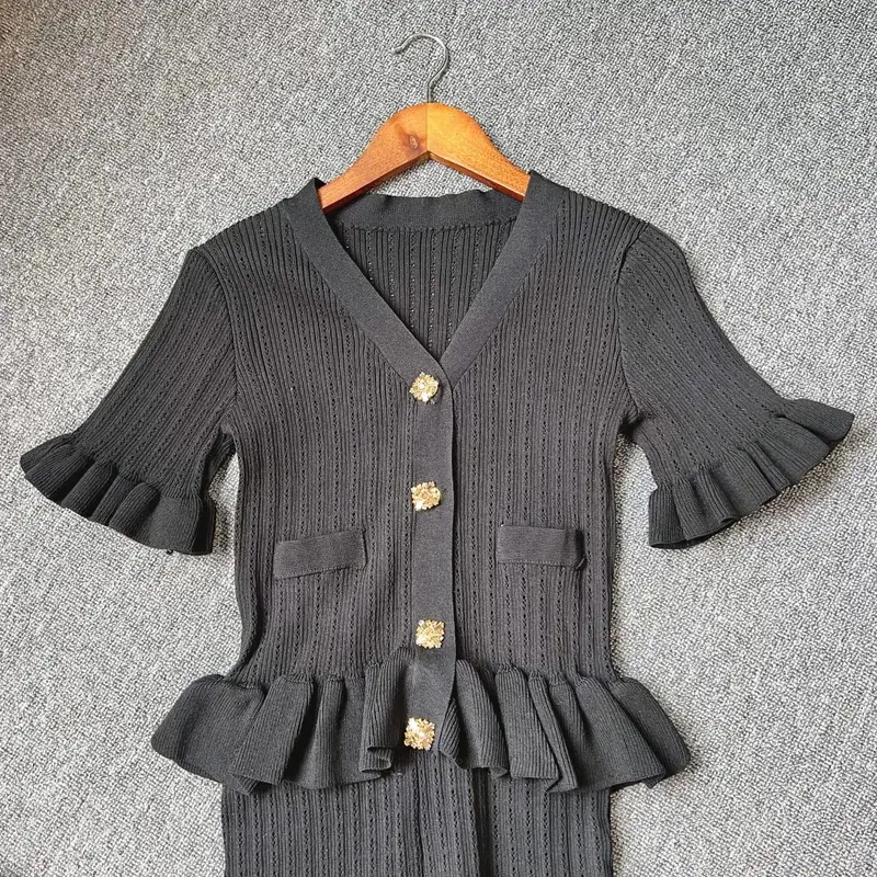 YuooMuoo marca de moda de una pieza de punto Maxi Vestido de mujer elegante con cuello en V con volantes cintura delgada ceñido al cuerpo suéter Vestido de fiesta